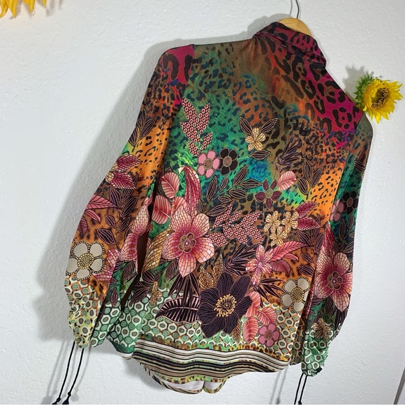 IQ Paris Floral Animal Print Button Up Scrunch Sleeve Blouse Size Medium - Picture 10 of 12